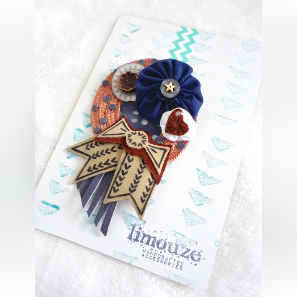 Leather Bow + Woven Wreath Brooch - Charms and Yo Yo Detail - OOAK - Handmade
